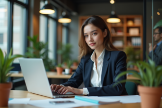 Jeune femme professionnelle travaillant sur un ordinateur dans un bureau moderne