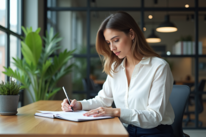Jeune femme professionnelle prenant des notes dans un bureau moderne