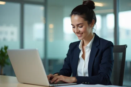 Jeune femme professionnelle concentrée sur son ordinateur en bureau moderne
