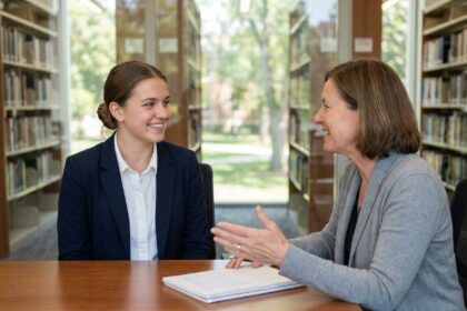 Jeune femme concentrée avec coach dans une bibliothèque lumineuse