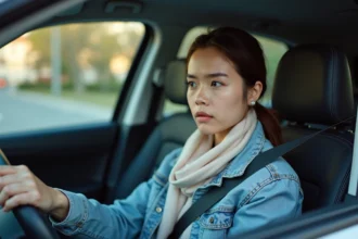Jeune femme en denim et foulard dans une voiture