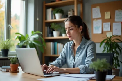 Jeune femme en design graphique dans un bureau lumineux