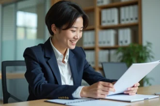 Jeune femme professionnelle examinant un diplôme dans un bureau