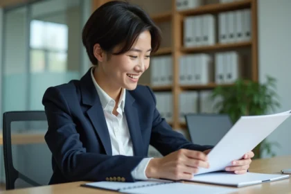 Jeune femme professionnelle examinant un diplôme dans un bureau