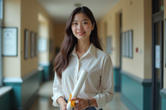 Jeune femme avec diplôme dans un couloir universitaire