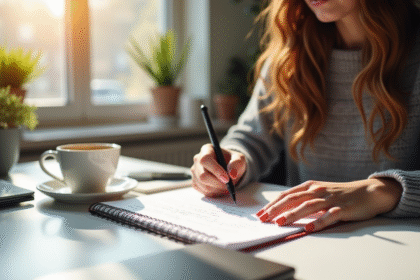 Jeune femme écrivant une phrase dans un cahier stylé sur un bureau lumineux
