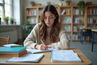 Jeune femme concentrée en étude dans une bibliothèque moderne