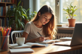 Jeune femme étudie intensément à un bureau moderne avec livres et café