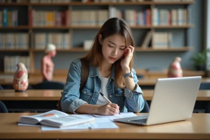 Jeune femme en classe universitaire remplissant un dossier