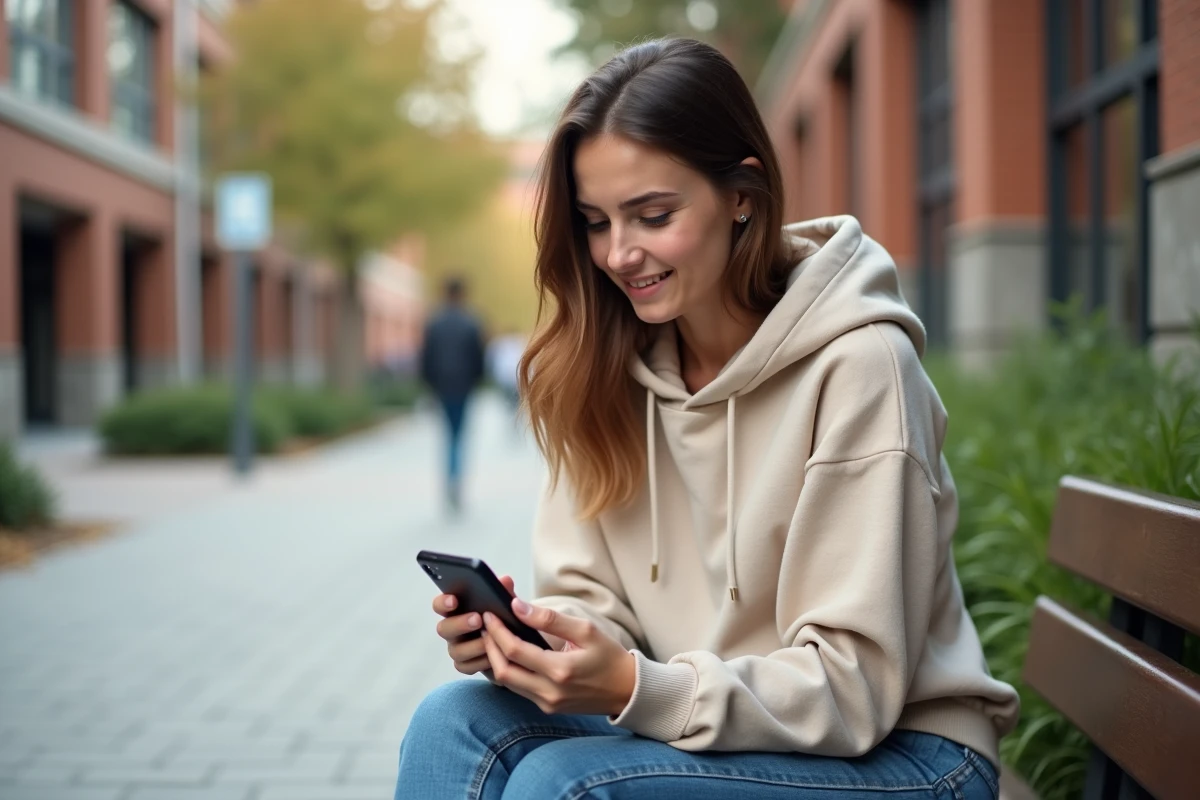Jeune femme en extérieur urbain suivant sa formation GRETA via Moodle sur téléphone portable
