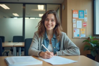 Jeune femme signant des documents d'inscription universitaire