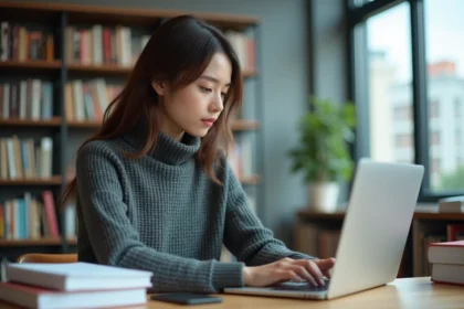 Jeune femme concentrée utilisant un ordinateur portable à la bibliothèque universitaire