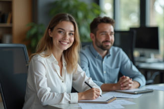 Jeune femme souriante en réunion de mentorat au bureau