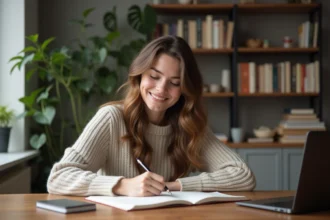 Jeune femme écrivant dans un carnet dans un salon chaleureux