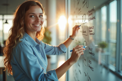Jeune femme dans un bureau moderne écrivant des idées avec D en évidence