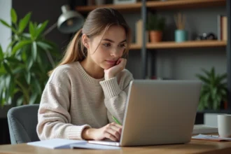Jeune femme en étude de conduite sur son ordinateur à la maison