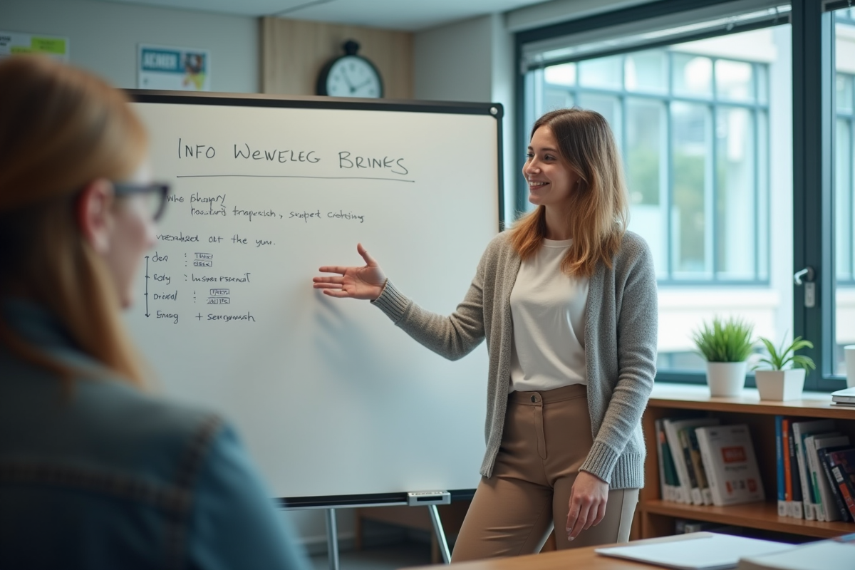 Jeune femme expliquant avec un tableau interactif en formation