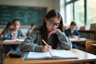Jeune fille avec lunettes en classe en train de calculer