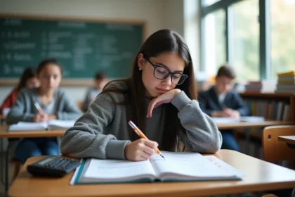 Jeune fille avec lunettes en classe en train de calculer