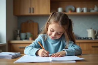 Jeune fille de 10 ans écrivant à la maison dans une cuisine chaleureuse