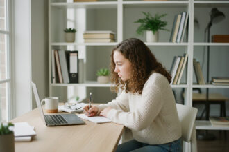 Jeune fille de 16 ans en étude avec ordinateur portable