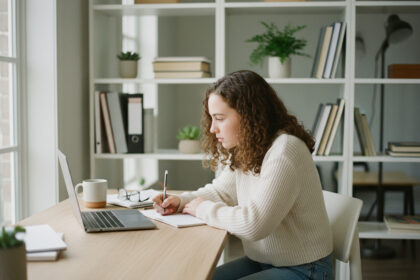 Jeune fille de 16 ans en étude avec ordinateur portable
