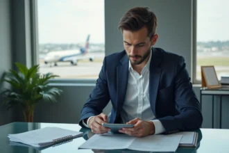 Jeune homme en costume dans un bureau moderne lisant des documents
