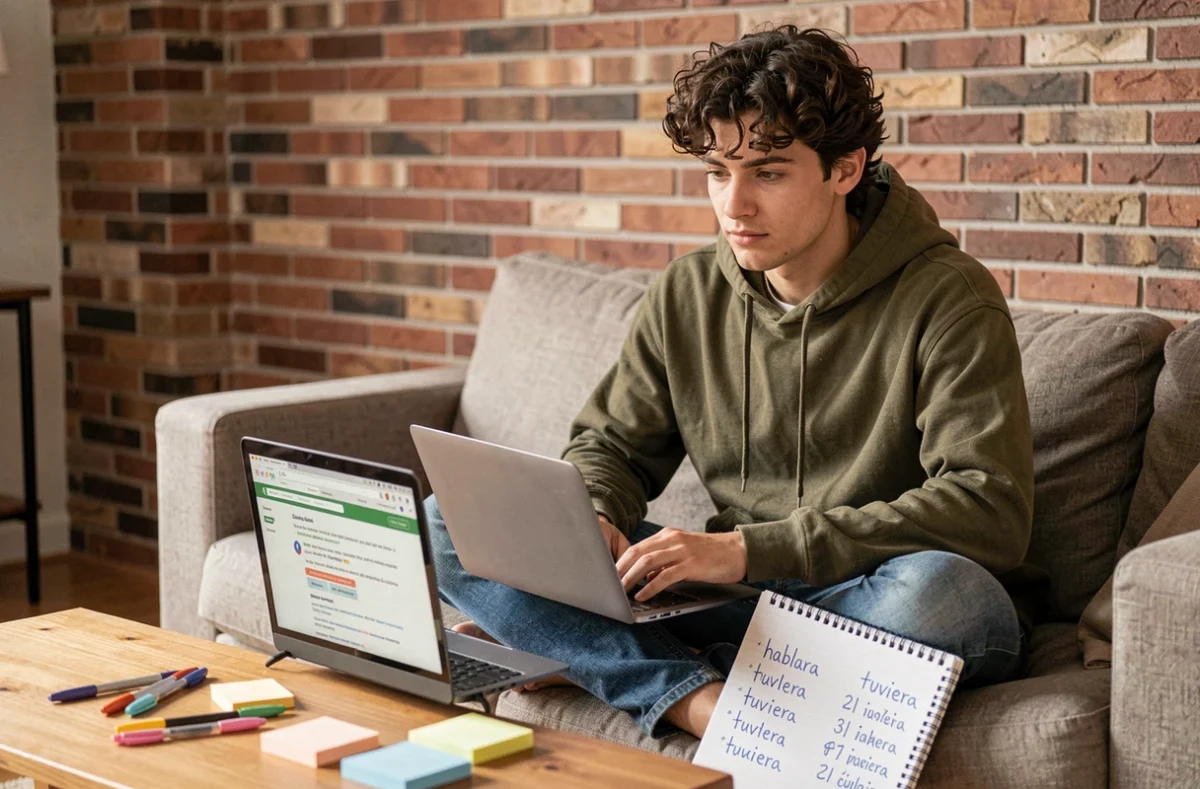 Jeune homme apprenant le subjonctif imparfait espagnol sur un ordinateur portable avec des notes manuscrites