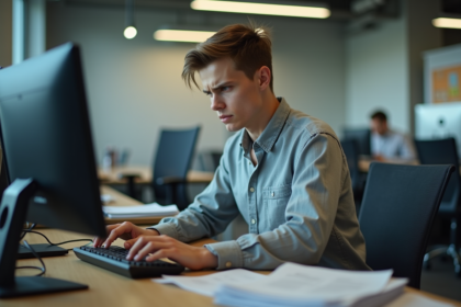 Jeune homme au bureau en pleine concentration