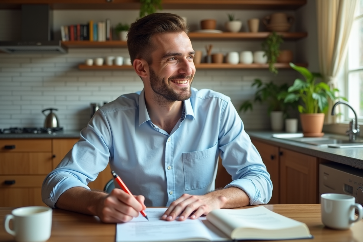 Jeune homme annotant un CV espagnol dans une cuisine lumineuse