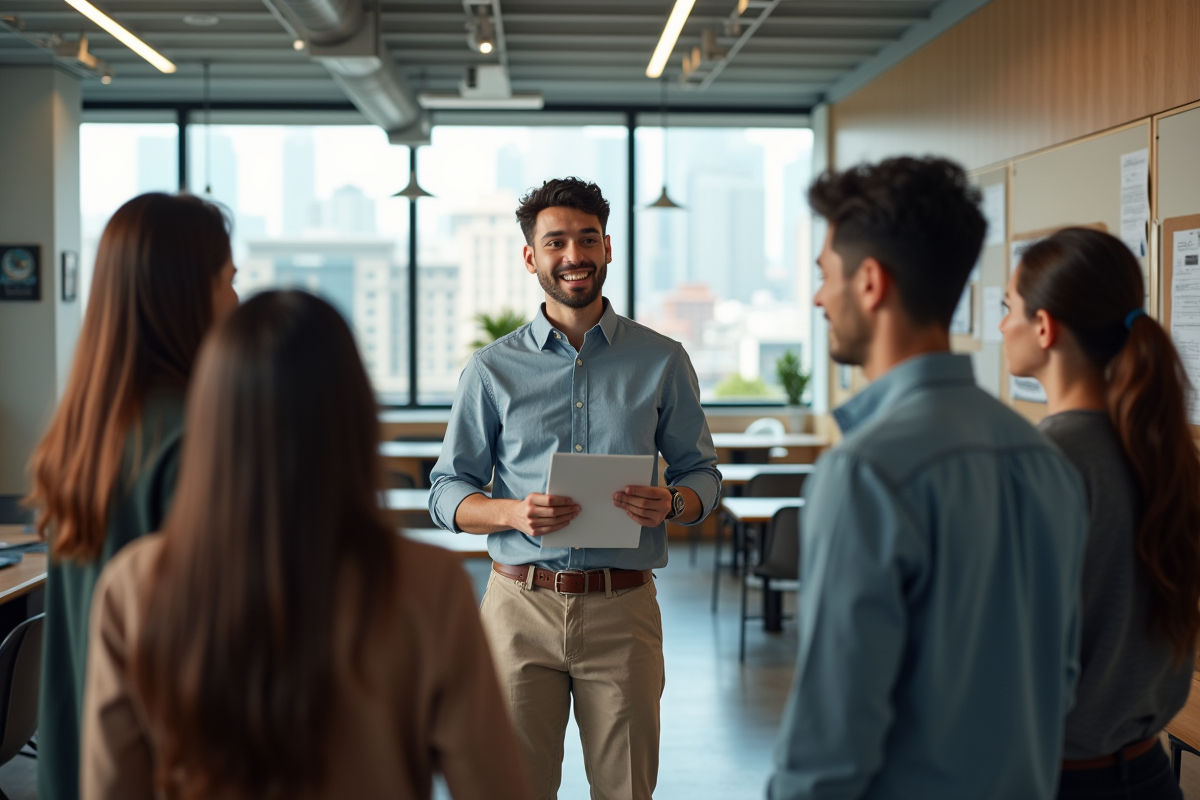 Jeune homme discutant avec des stagiaires dans la salle de pause