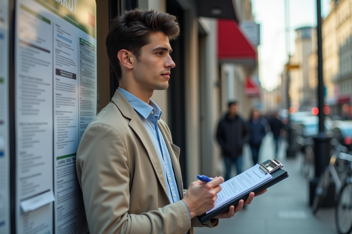 Jeune homme consultat un tableau d offres d emploi en ville
