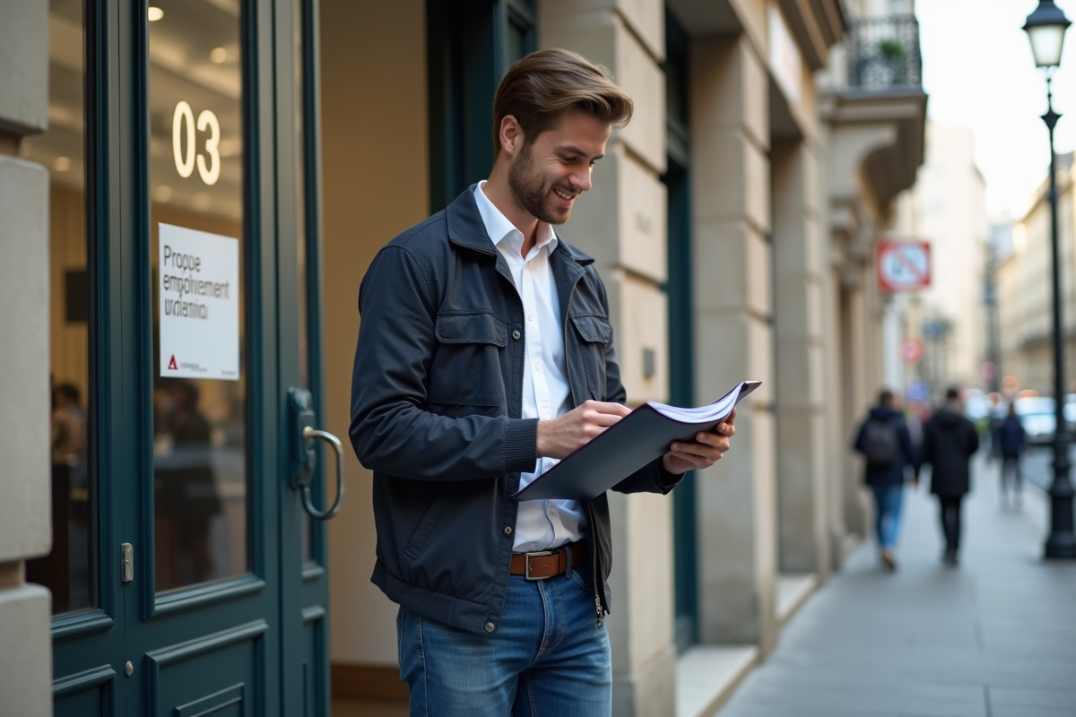 Jeune homme vérifiant son téléphone devant une agence emploi