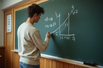 Jeune homme écrit une équation sur un tableau noir en classe universitaire