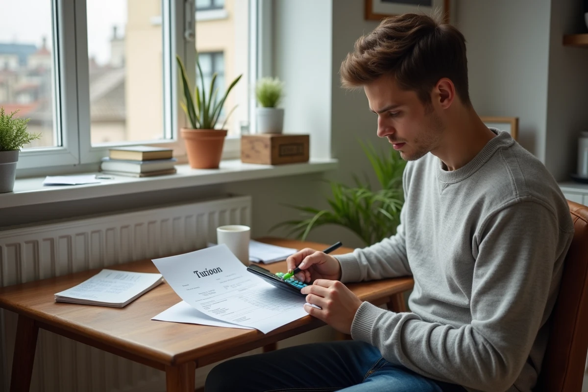 Jeune homme vérifiant une facture de scolarité à la maison