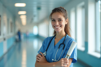 Jeune professionnel de santé souriant avec diplôme et stethoscope