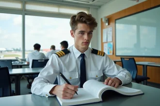 Jeune homme en uniforme de pilote étudiant en classe