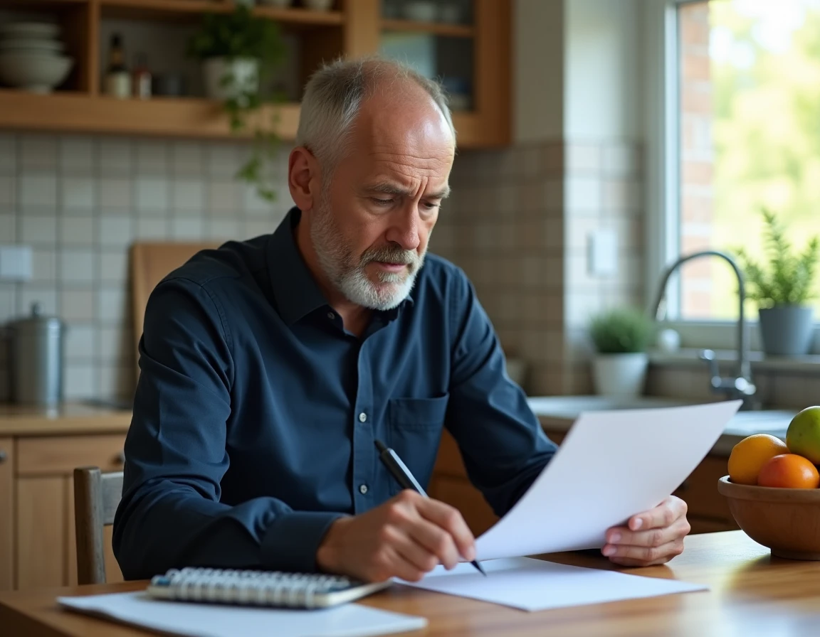 Homme lisant une lettre de refus de réinscription France Travail à la maison