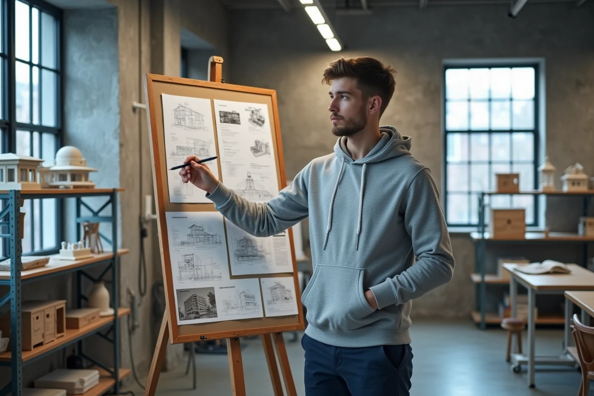 Lycéen en baccalauréat général devant un tableau de conception avec plans et informations sur les chances d'admission à l'Ensamaa