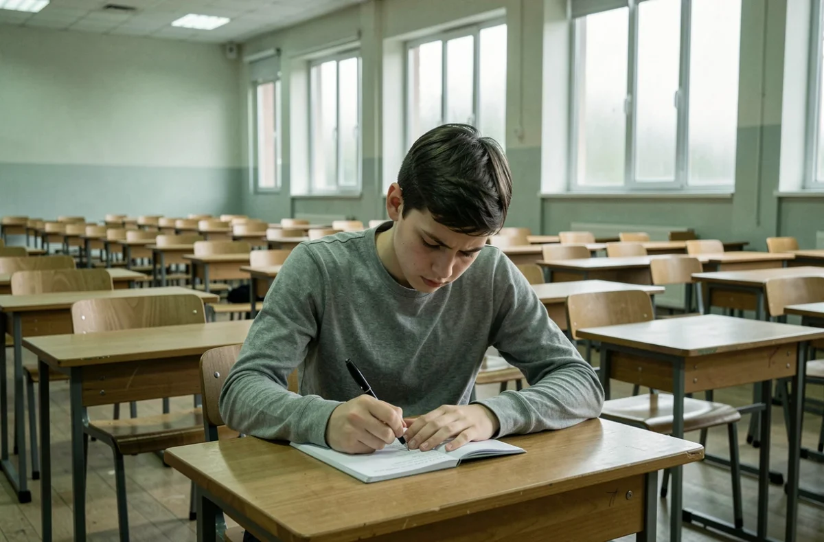 Lycéen en train de rédiger sa dissertation dans une grande salle d'examen du baccalauréat