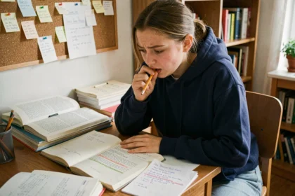 Lycéenne qui révise sa dissertation au bureau avec des notes manuscrites et des livres ouverts pour préparer le bac
