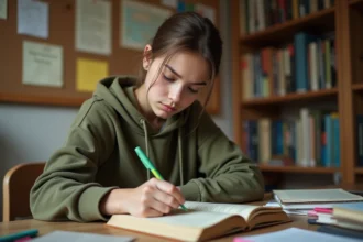 Lycéenne révisant la philosophie pour le bac 2026 sur un bureau en bois entouré de livres et de fiches de révision
