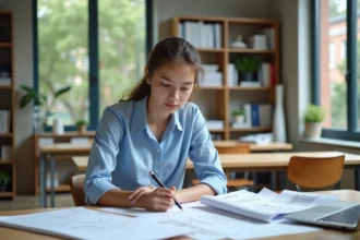 Lycéenne en filière STI2D consultant des dossiers d'admission pour les concours Ensamaa sur un bureau avec dessins techniques