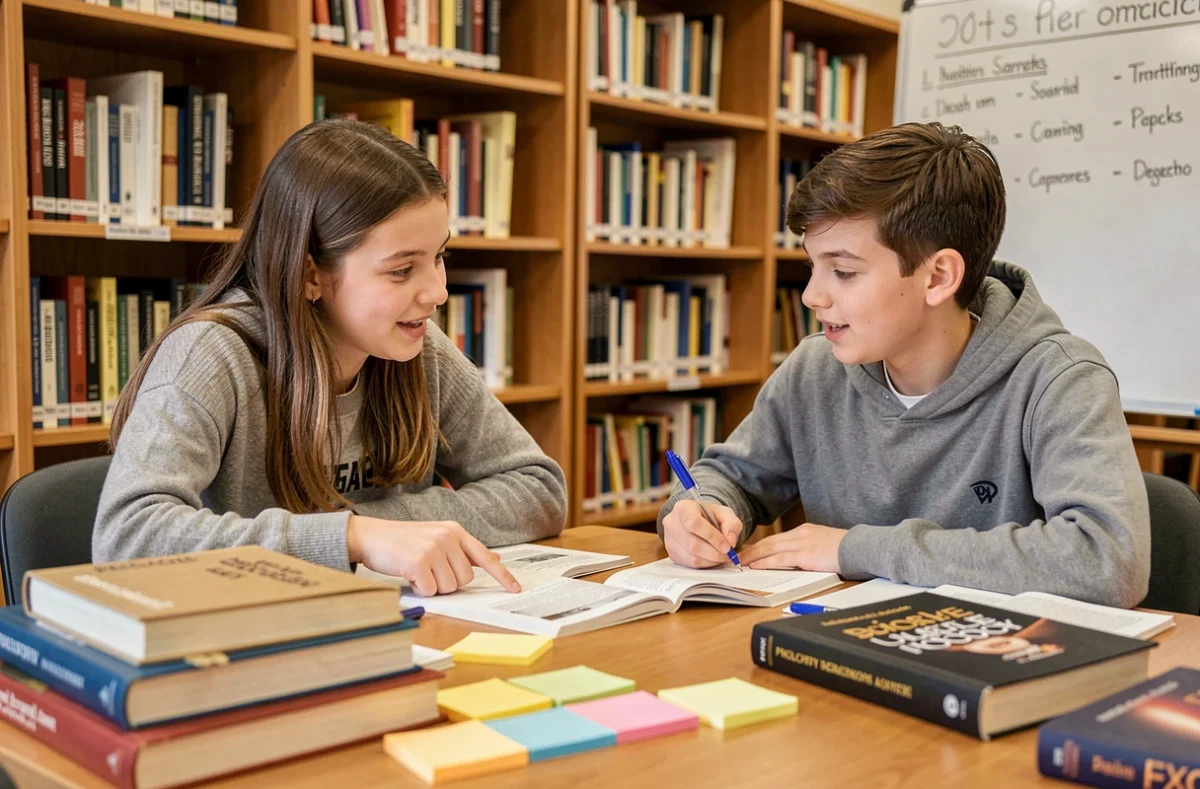 Deux lycéens qui travaillent ensemble sur des exemples de dissertation en bibliothèque pour préparer le baccalauréat