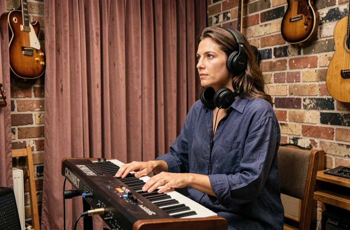 Une musicienne travaille à un bureau de production dans l'ambiance chaleureuse et artisanale de La Maison des Sons à Paris