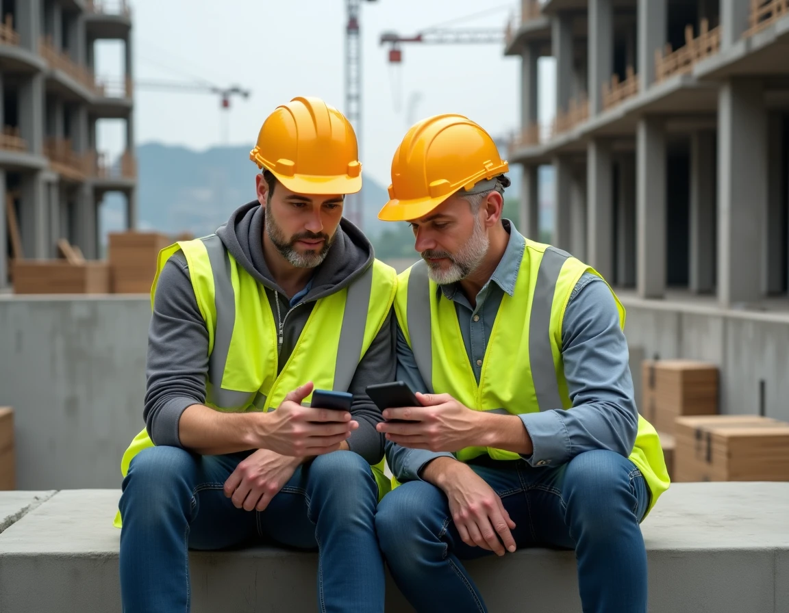 Deux ouvriers du BTP consultant une plateforme de formation CPF sur smartphone lors d'une pause sur un chantier