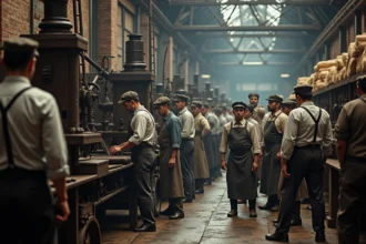 Groupe d'ouvriers du 19e siècle autour d'une machine à vapeur