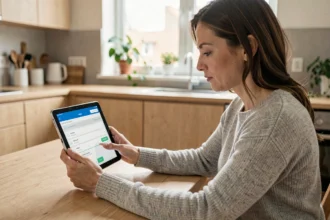 Femme paramétrant le contrôle parental sur une tablette dans une cuisine moderne