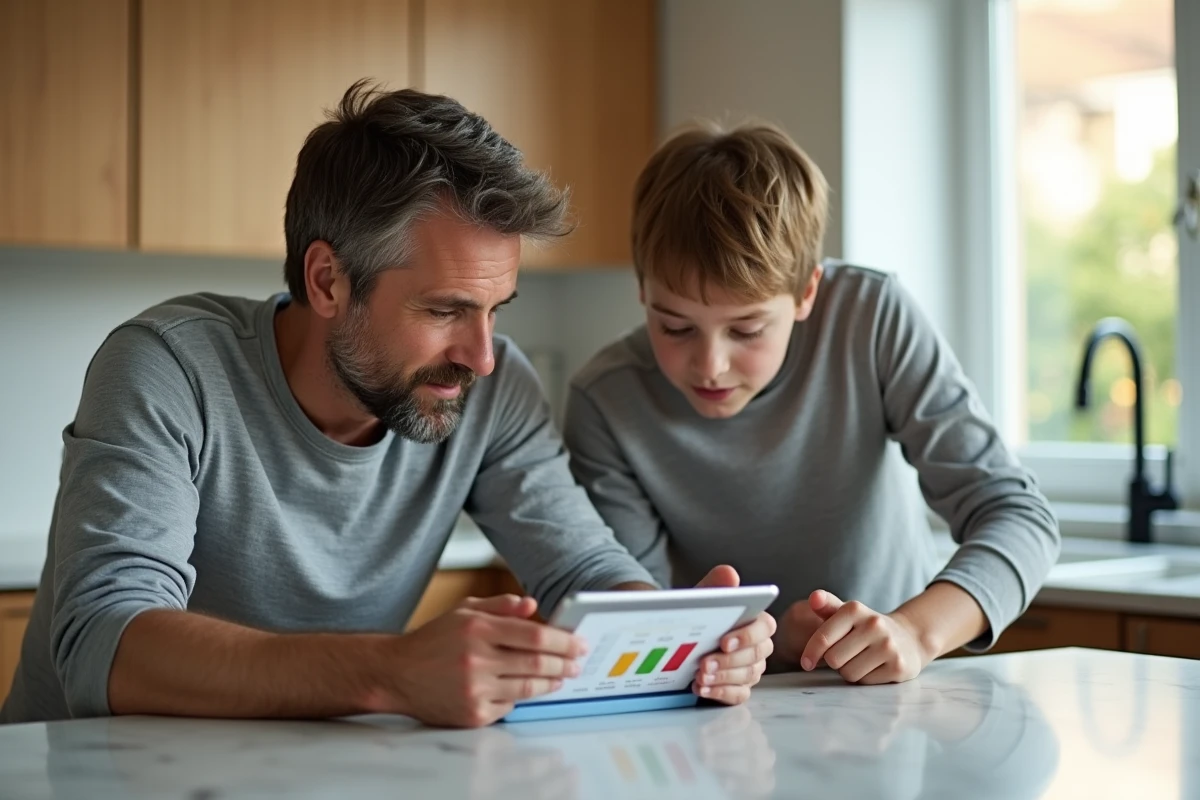Père et fils consultant ensemble les notes scolaires sur l'application Entsomme depuis une tablette dans la cuisine familiale
