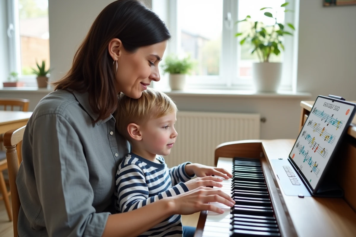Mère et fils découvrant ensemble une application de piano gratuite en ligne sur tablette